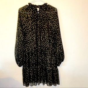 H&M NWOT gold and black flowy tie neck dress